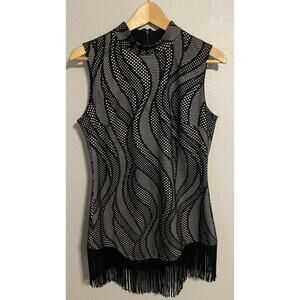 Frank Lyman Womens Tunic 10 Black White Polka Dot Sleeveless Fringe Hem Flapper